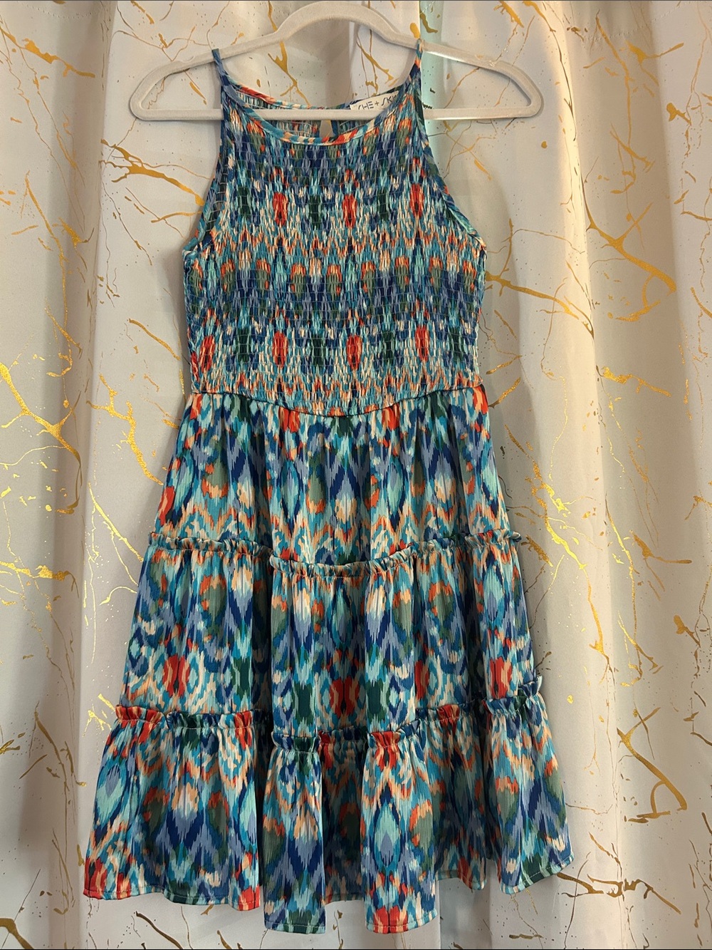 NWT She + Sky Blue, Teal & Orange Patterned Smocked Midi Dress size S